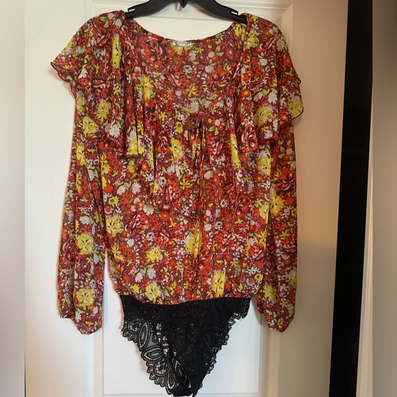 Free People Floral Bodysuit Ruffle Lace Boho Orange Color Size XS - Picture 8 of 10